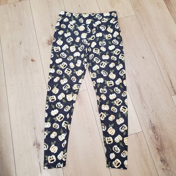 LuLaRoe TC Leggings Halloween BLACK YELLOW ORANGE PUMPKIN FRIGHT NIGHT Leaf - Picture 1 of 12